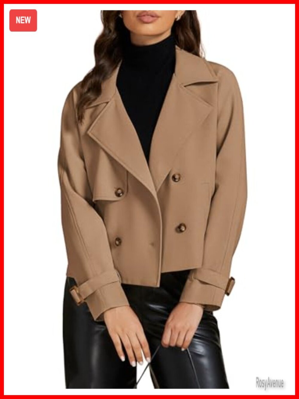 Cropped Trench Coat Women Double Breasted Notched Lapel Loose Fit